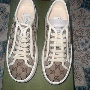 Gucci Beige and White Lace-Up Sneakers